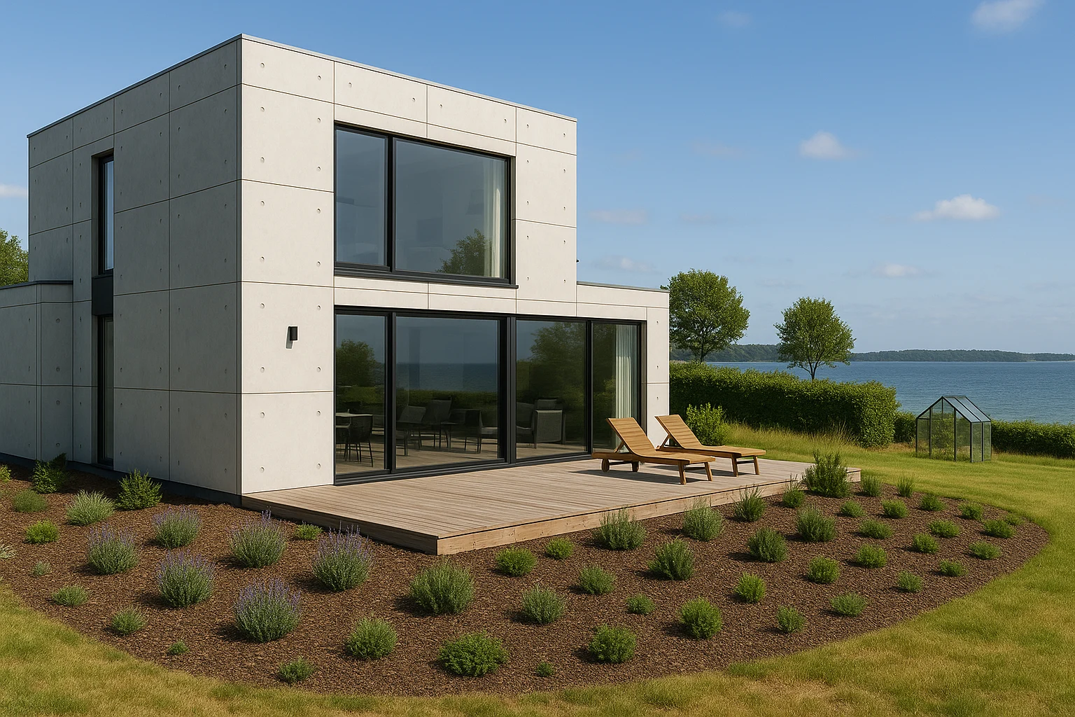 Træterrasse med søudsigt og plantebånd